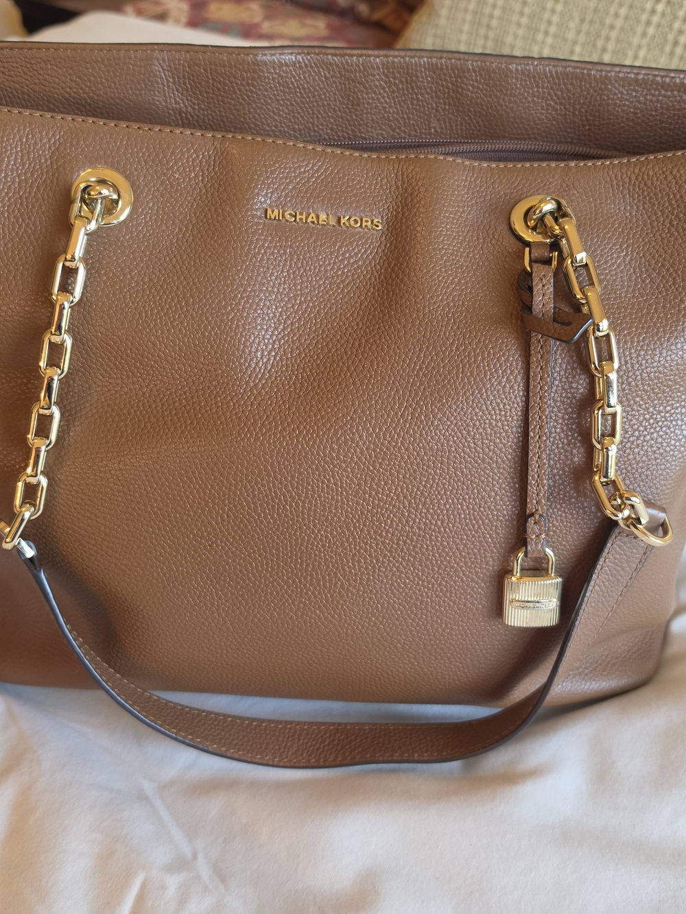 Michael Kors Brown Leather Tote Bag with Gold Chain Detail